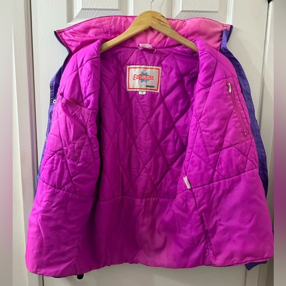 VINTAGE 80s Rare EDELWEISS Retro Puffer Ski Snow Jacket - Purple & Pink Medium - Picture 9 of 14